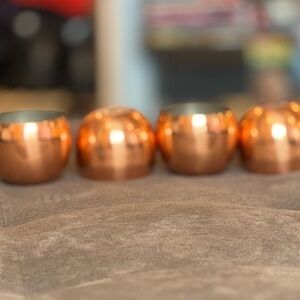 Vintage Coppercraft Guild 4 Copper Handle Less Mugs. Taunton, Mass.